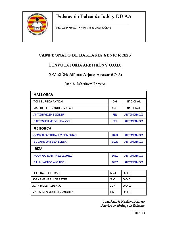 CONVOCATORIA ARBITROS Y OOD CTO BALEARES SENIOR 22-10-23